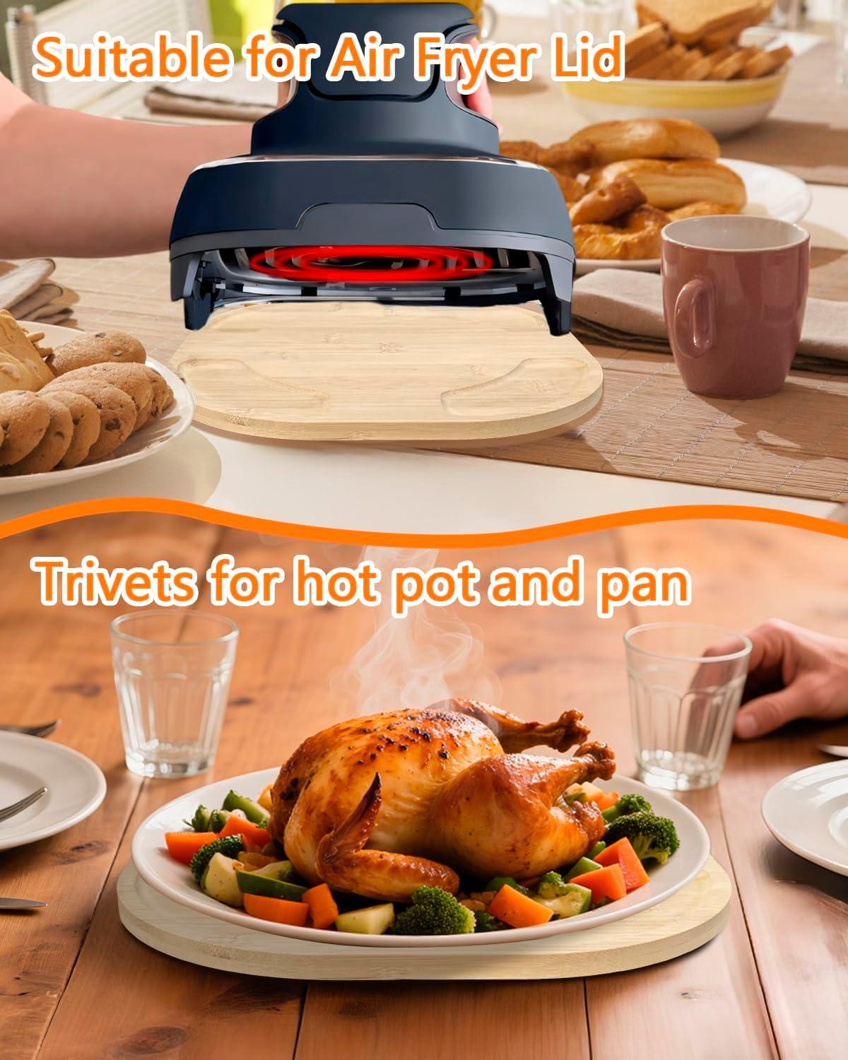 Piemow Heat-Resistant Bamboo Trivet for Air Fryers Non-Slip Countertop Protector, Essential Kitchen Gift for Housewives & Househusbands