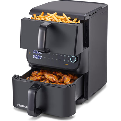 Elite Gourmet Glass Air Fryer, 2.4 Qt Compact Size for 1–2 People, PFAS-Free Ceramic & Glass Basket, Visible Cooking, Adjustable Temp 175–400°F, 1150W, Black