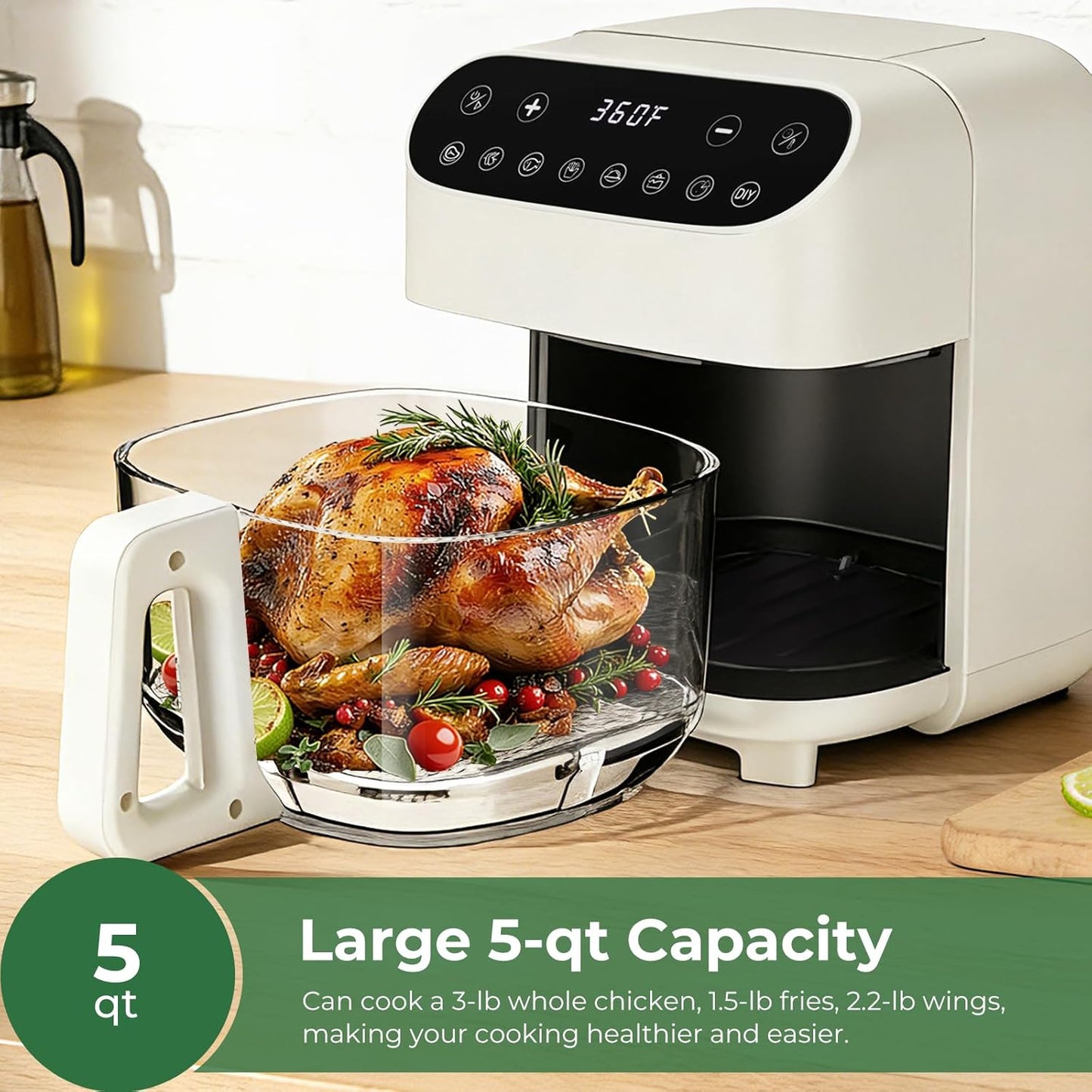 5 Quart Glass Air Fryer, Non Toxic & Uncoated High Borosilicate Glass Basket, Airfryer with Transparent Fry Bowl, 8 Preset Modes, PTFE/PFAS Free, BPA-Free, Dishwasher Safe, White