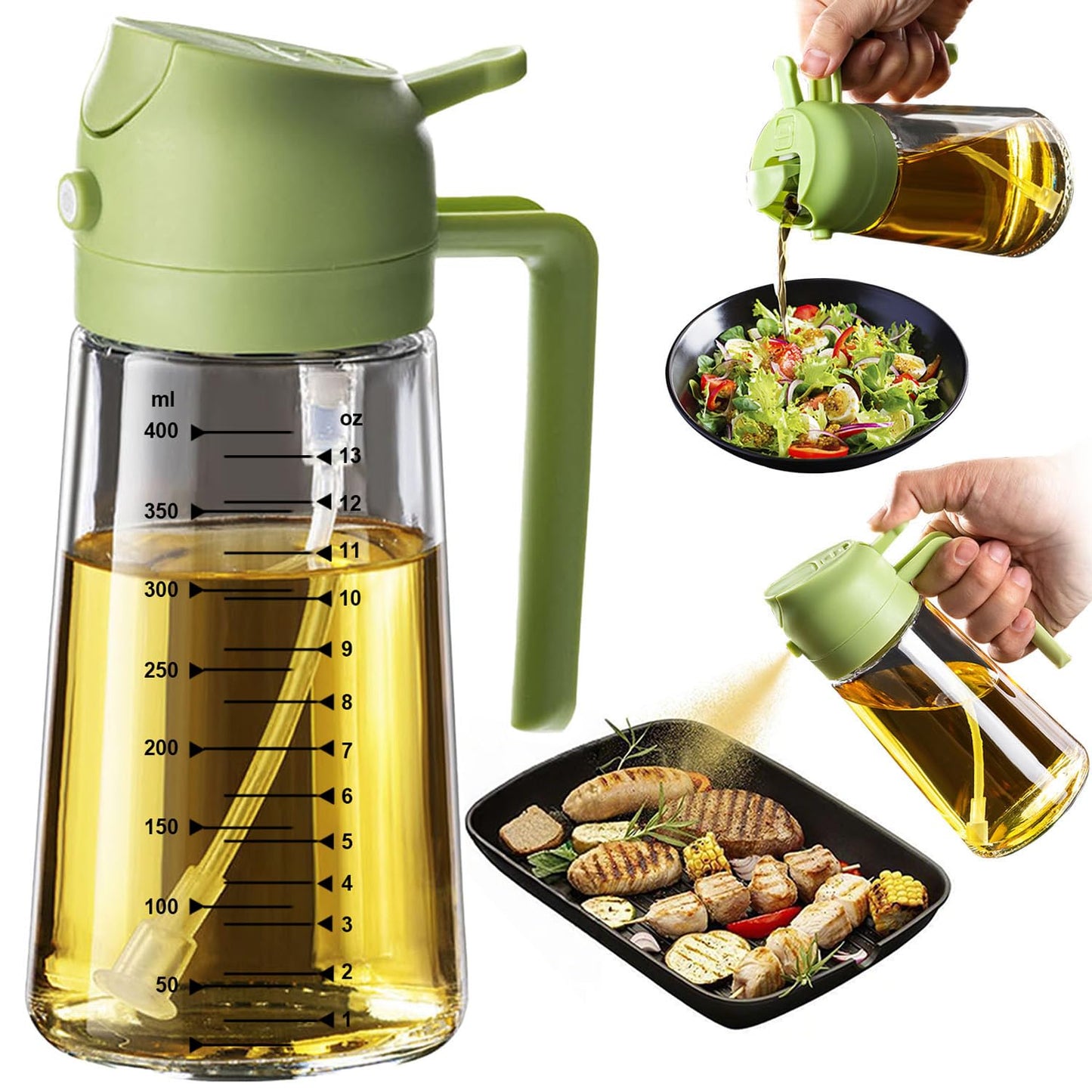 TrendPlain 16oz/470ml Glass Olive Oil Sprayer for Cooking – 2 in 1 Olive Oil Dispenser Bottle for Kitchen Gadgets and Air Fryer Accessories, Salad, BBQ - Black & Navy