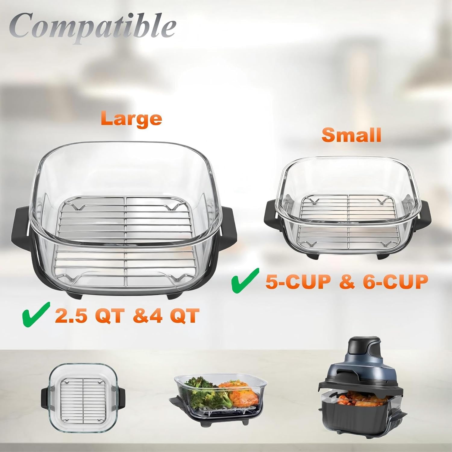 2PCS Crisper Racks Compatible with Ninja Crispi Air Fryer AS101/FN090/FN091/FN100/FN101/FN103 2.5QT, 4QT & 6-CUP Glass, Food Grade 18/8 Stainless Steel, Dishwasher Safe, Silver