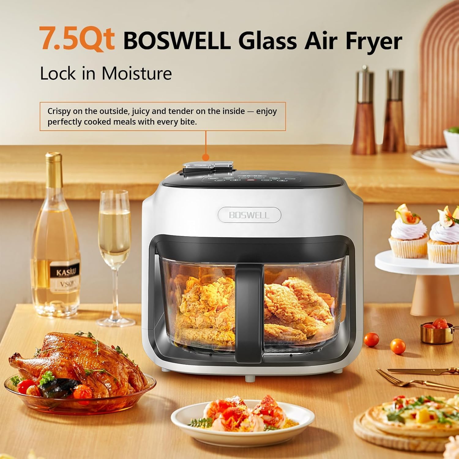7.5Qt Glass Air Fryer, Transparent Fry Bowl, 360° Hot Air Circulation, Digital Touch Control, Non-Toxic & Dishwasher Safe, Air Fry Roast Bake for Fries and Chicken (white)