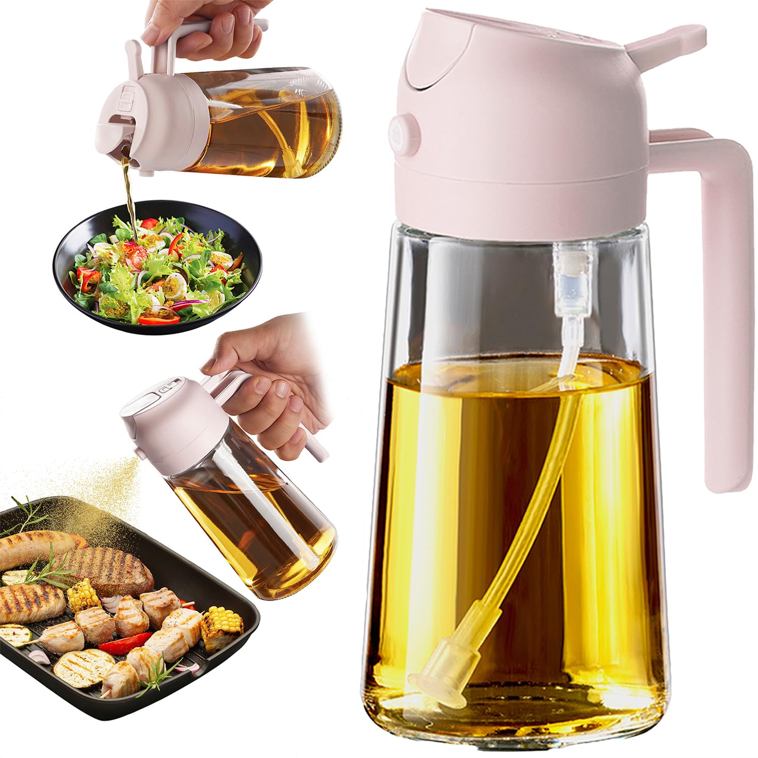 TrendPlain 16oz/470ml Glass Olive Oil Sprayer for Cooking – 2 in 1 Olive Oil Dispenser Bottle for Kitchen Gadgets and Air Fryer Accessories, Salad, BBQ - Black & Navy