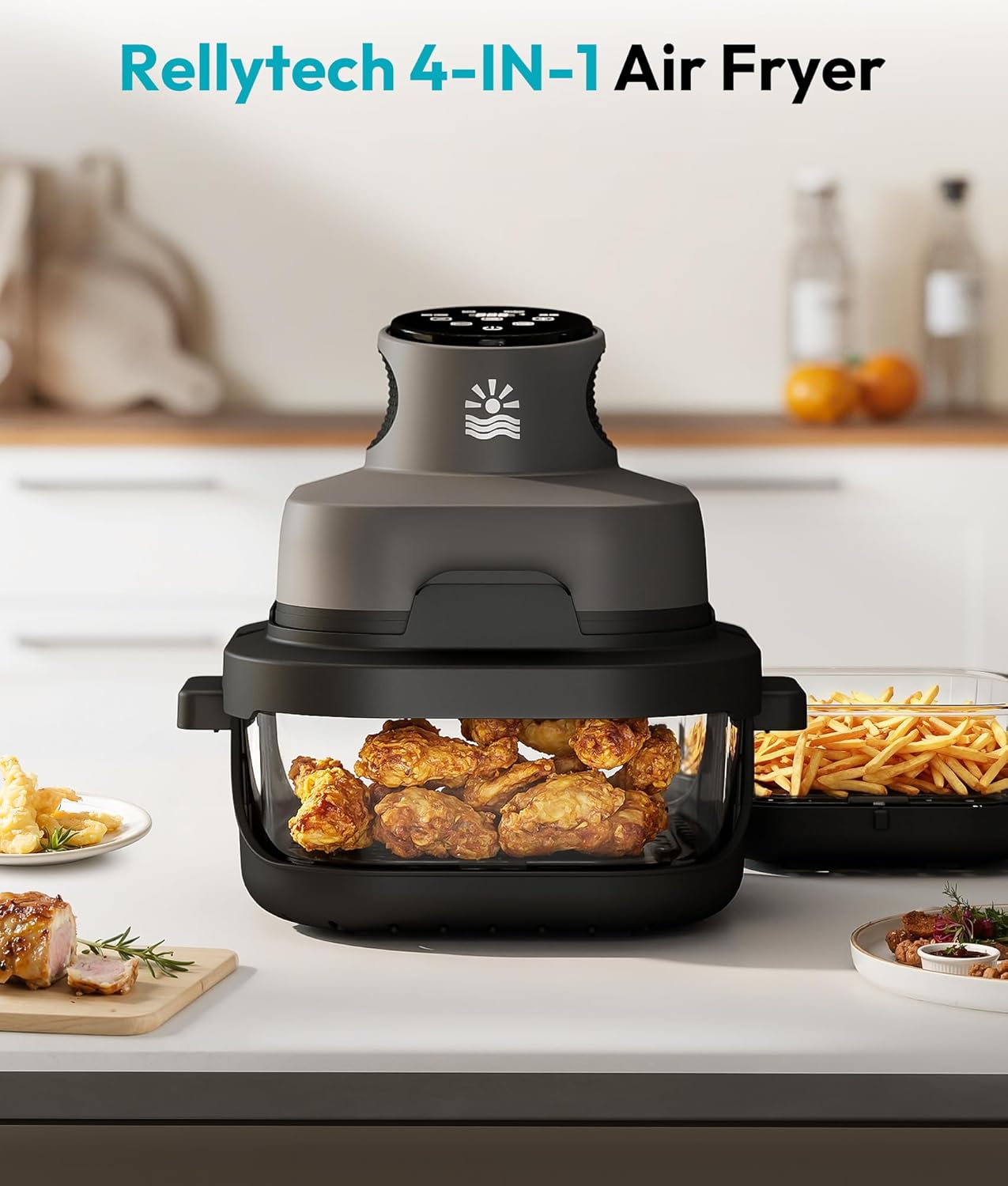 Rellytech Portable Glass Air Fryer - 1500W, 4.2 QT & 6-Cup Dual Glass Containers with Lids, 4-in-1, 60 Min Timer, 140°F-400°F Adjustable, Microwave, Freezer & Dishwasher Safe, Grey Mother's Day
