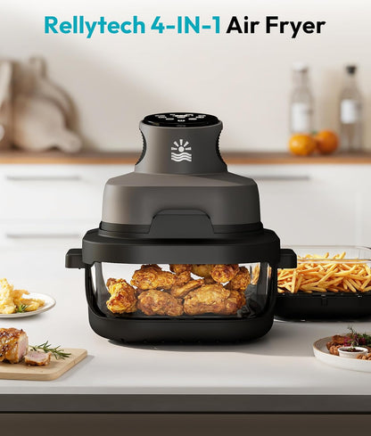 Rellytech Portable Glass Air Fryer - 1500W, 4.2 QT & 6-Cup Dual Glass Containers with Lids, 4-in-1, 60 Min Timer, 140°F-400°F Adjustable, Microwave, Freezer & Dishwasher Safe, Grey Mother's Day