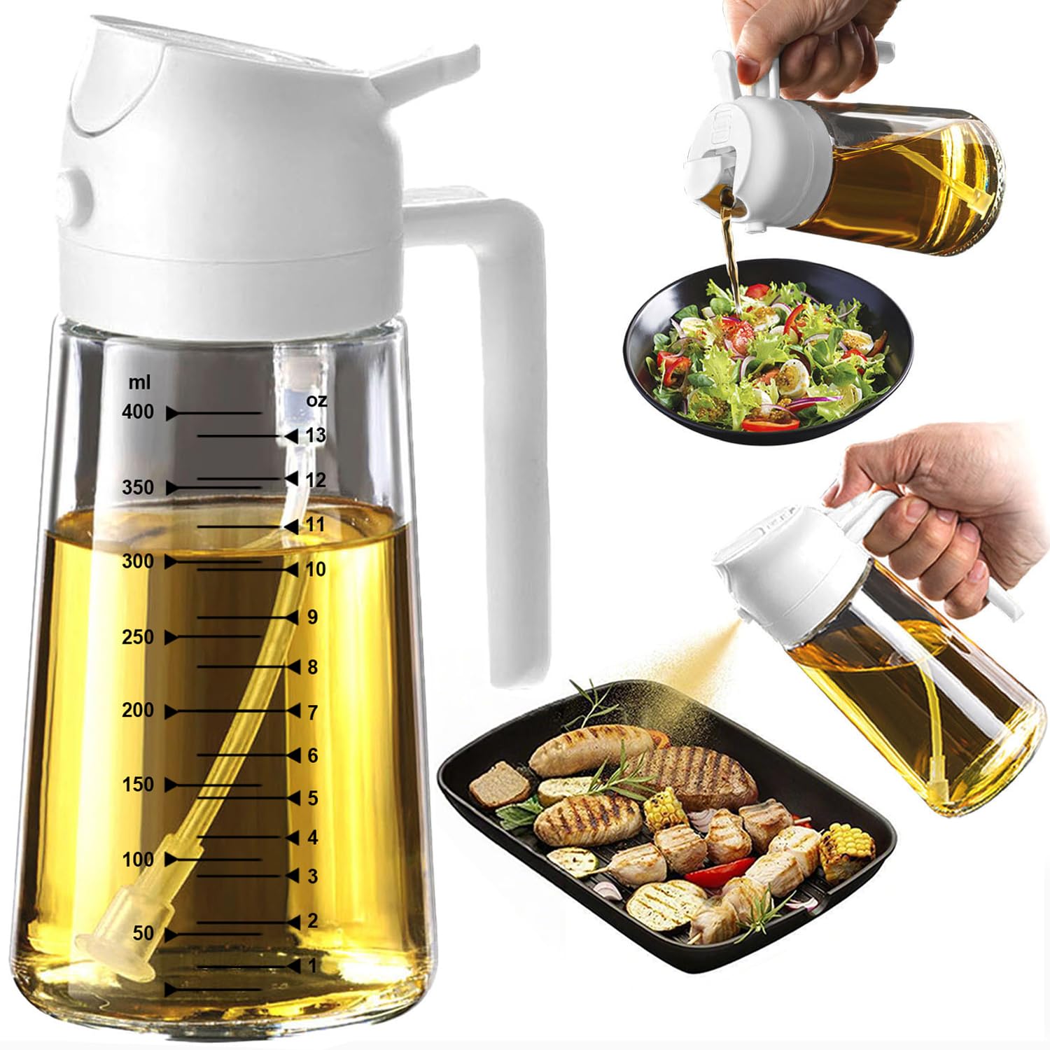 TrendPlain 16oz/470ml Glass Olive Oil Sprayer for Cooking – 2 in 1 Olive Oil Dispenser Bottle for Kitchen Gadgets and Air Fryer Accessories, Salad, BBQ - Black & Navy