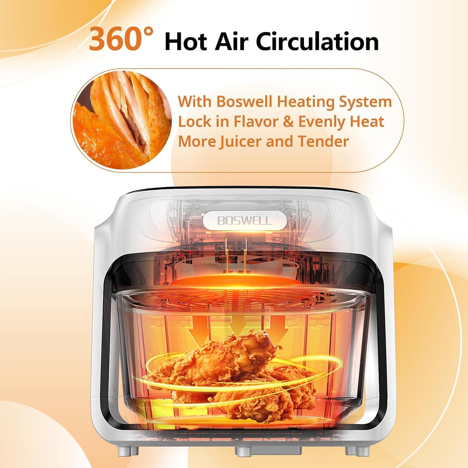 7.5Qt Glass Air Fryer, Transparent Fry Bowl, 360° Hot Air Circulation, Digital Touch Control, Non-Toxic & Dishwasher Safe, Air Fry Roast Bake for Fries and Chicken (white)