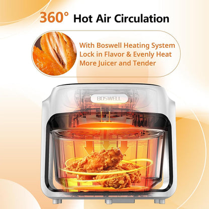 7.5Qt Glass Air Fryer, Transparent Fry Bowl, 360° Hot Air Circulation, Digital Touch Control, Non-Toxic & Dishwasher Safe, Air Fry Roast Bake for Fries and Chicken (white)