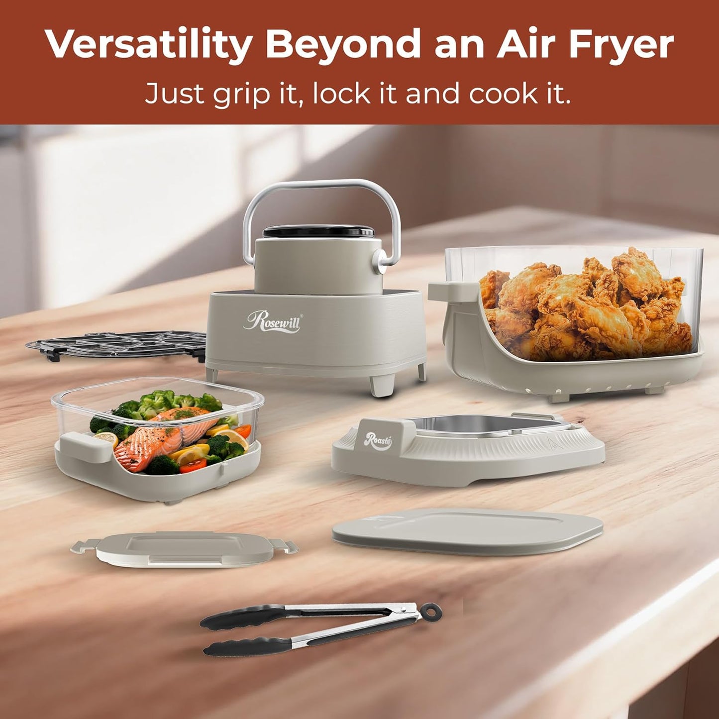 Rosewill 8-in-1 Portable Glass Air Fryer, 5.5QT & 1.6QT Dual Transparent Glass Cooking Pot with Storage Lid & Tongs, Compact Smart for Air Fry, Deep Roast, Recrisp, Bake and more - Saturn Gray