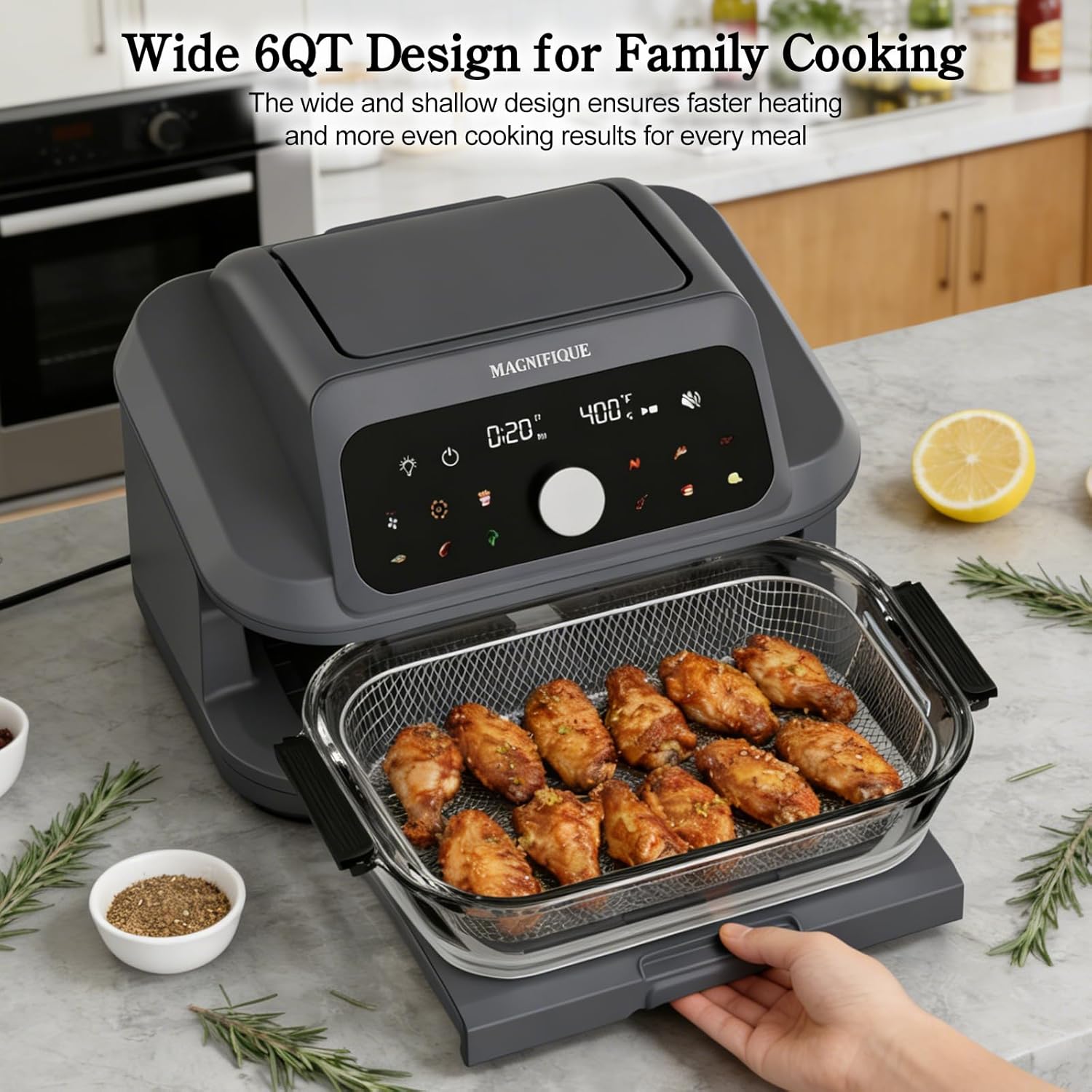 MAGNIFIQUE Casserole Air Fryer 6 Quart Large Capacity, Glass Air Fryer Oven Non Toxic, 12-in-1 Digital Touchscreen, Full Glass Viewing Window, Rapid Hot Air Circulation, Includes Basket & Storage Lid