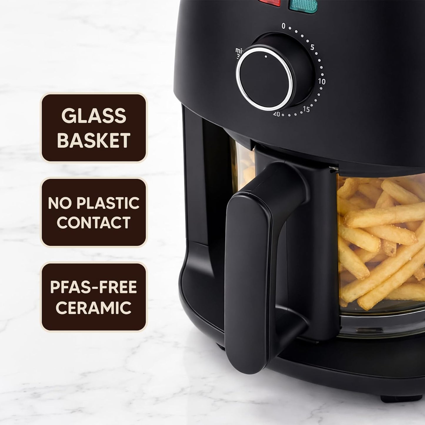 Elite Gourmet Glass Air Fryer, 2.4 Qt Compact Size for 1–2 People, PFAS-Free Ceramic & Glass Basket, Visible Cooking, Adjustable Temp 175–400°F, 1150W, Black