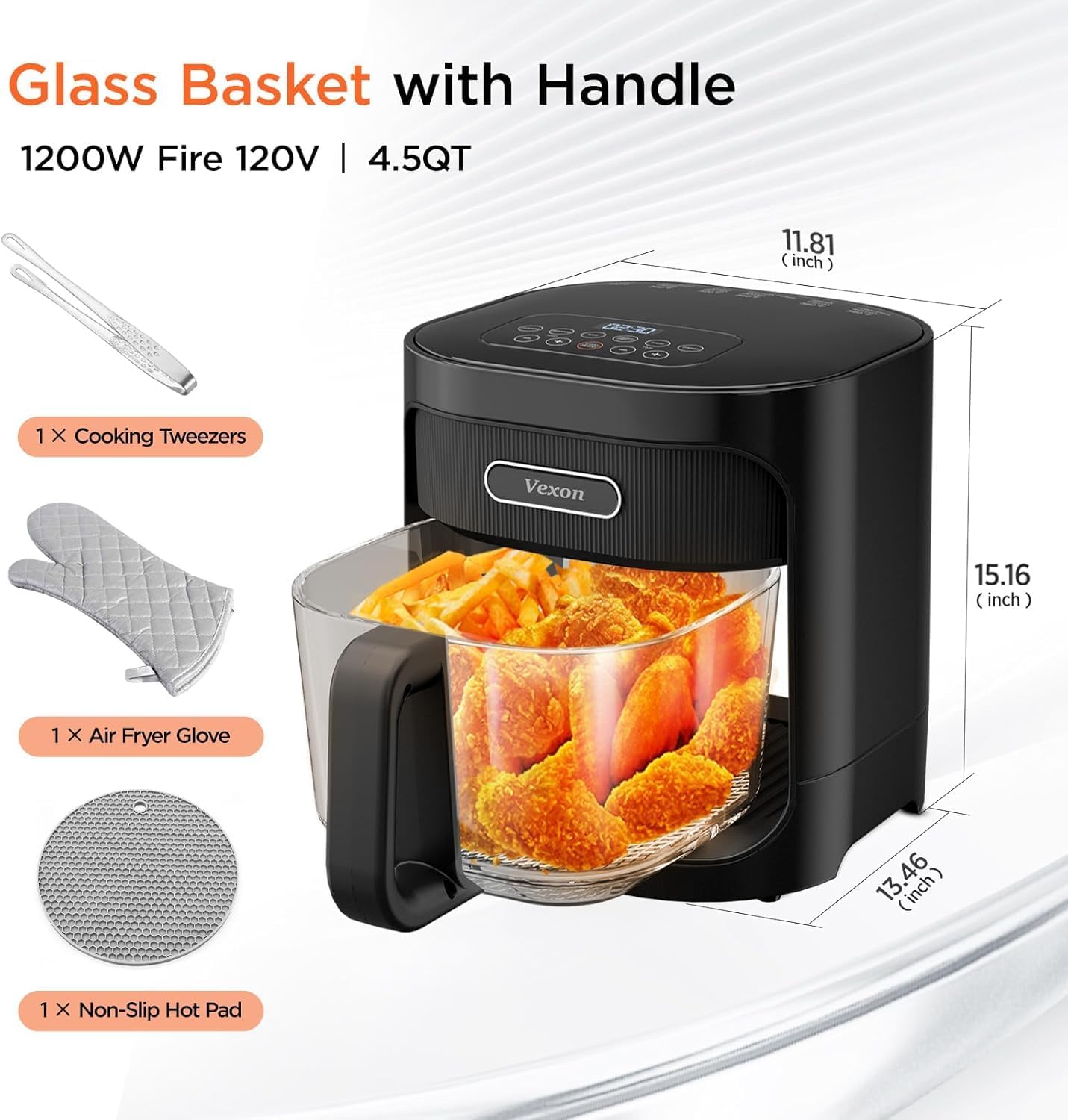 4.5QT Large Glass Air Fryer – See-Through Glass Window, Non Toxic, 360° Hot Air and Auto Shut-Off for Crispy Food, Temperature Control Dishwasher Safe