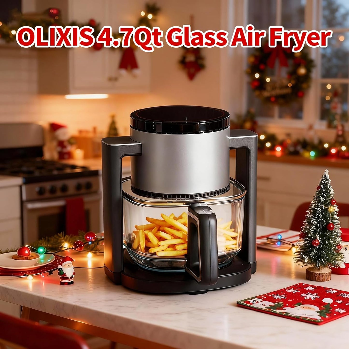 OLIXIS 4.7Qt Glass Air Fryer, Non Toxic Air Fryer with 10 Preset Cook Modes, 395°F Rapid Air Crispy Technology, Roast Bake Dehydrate Reheat, Nonstick & Easy-Clean Basket, 1300W