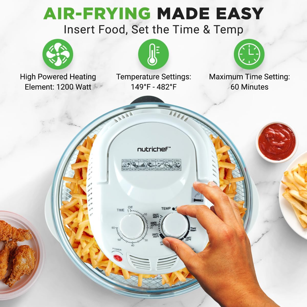 NutriChef Air Fryer, Infrared Convection, Halogen Oven Countertop, Cooking, Stainless Steel, 13 Quart 1200W, Prepare Quick Healthy Meals, for French Fries & Chips, White (PKAIRFR48)