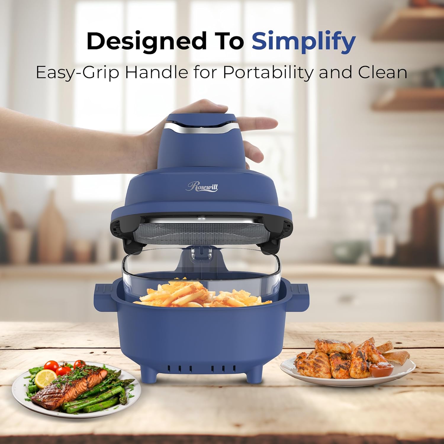 Rosewill 4-in-1 Portable Glass Air Fryer, 4.7QT Transparent Glass Cooking Pot with Storage Lid & Tongs, Compact Smart for Deep Roast, Recrisp, Keep Warm – Navy Blue