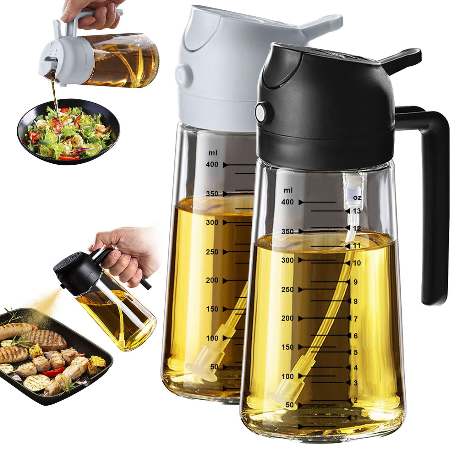 TrendPlain 16oz/470ml Glass Olive Oil Sprayer for Cooking – 2 in 1 Olive Oil Dispenser Bottle for Kitchen Gadgets and Air Fryer Accessories, Salad, BBQ - Black & Navy
