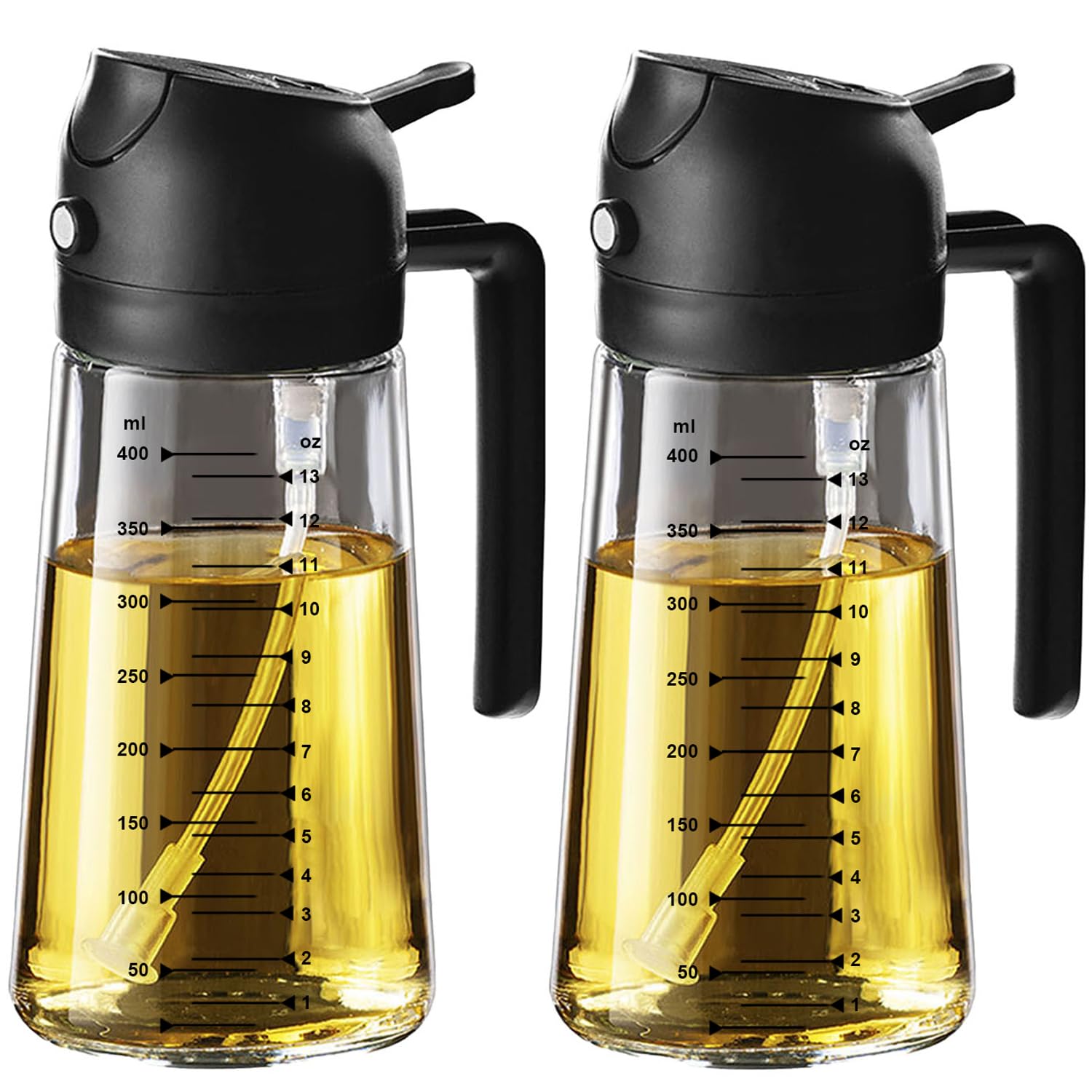 TrendPlain 16oz/470ml Glass Olive Oil Sprayer for Cooking – 2 in 1 Olive Oil Dispenser Bottle for Kitchen Gadgets and Air Fryer Accessories, Salad, BBQ - Black & Navy