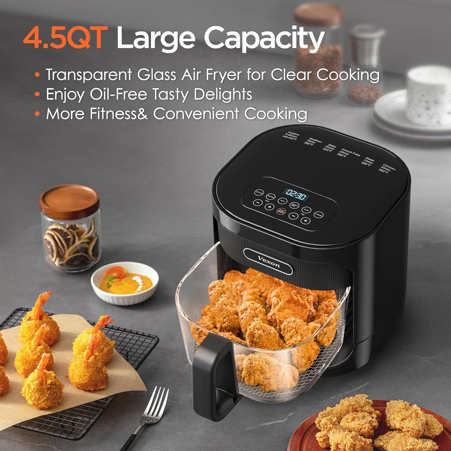 4.5QT Large Glass Air Fryer – See-Through Glass Window, Non Toxic, 360° Hot Air and Auto Shut-Off for Crispy Food, Temperature Control Dishwasher Safe
