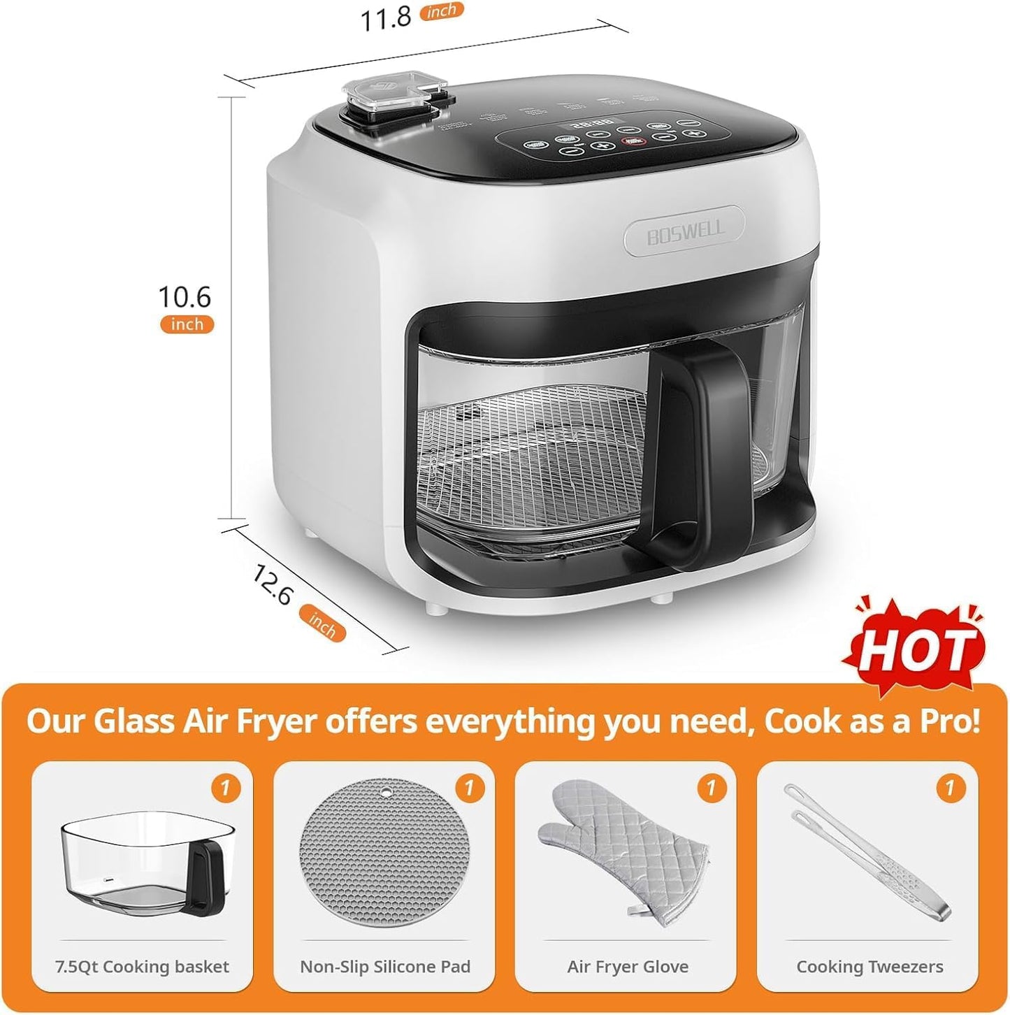 7.5Qt Glass Air Fryer, Transparent Fry Bowl, 360° Hot Air Circulation, Digital Touch Control, Non-Toxic & Dishwasher Safe, Air Fry Roast Bake for Fries and Chicken (white)