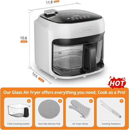 7.5Qt Glass Air Fryer, Transparent Fry Bowl, 360° Hot Air Circulation, Digital Touch Control, Non-Toxic & Dishwasher Safe, Air Fry Roast Bake for Fries and Chicken (white)