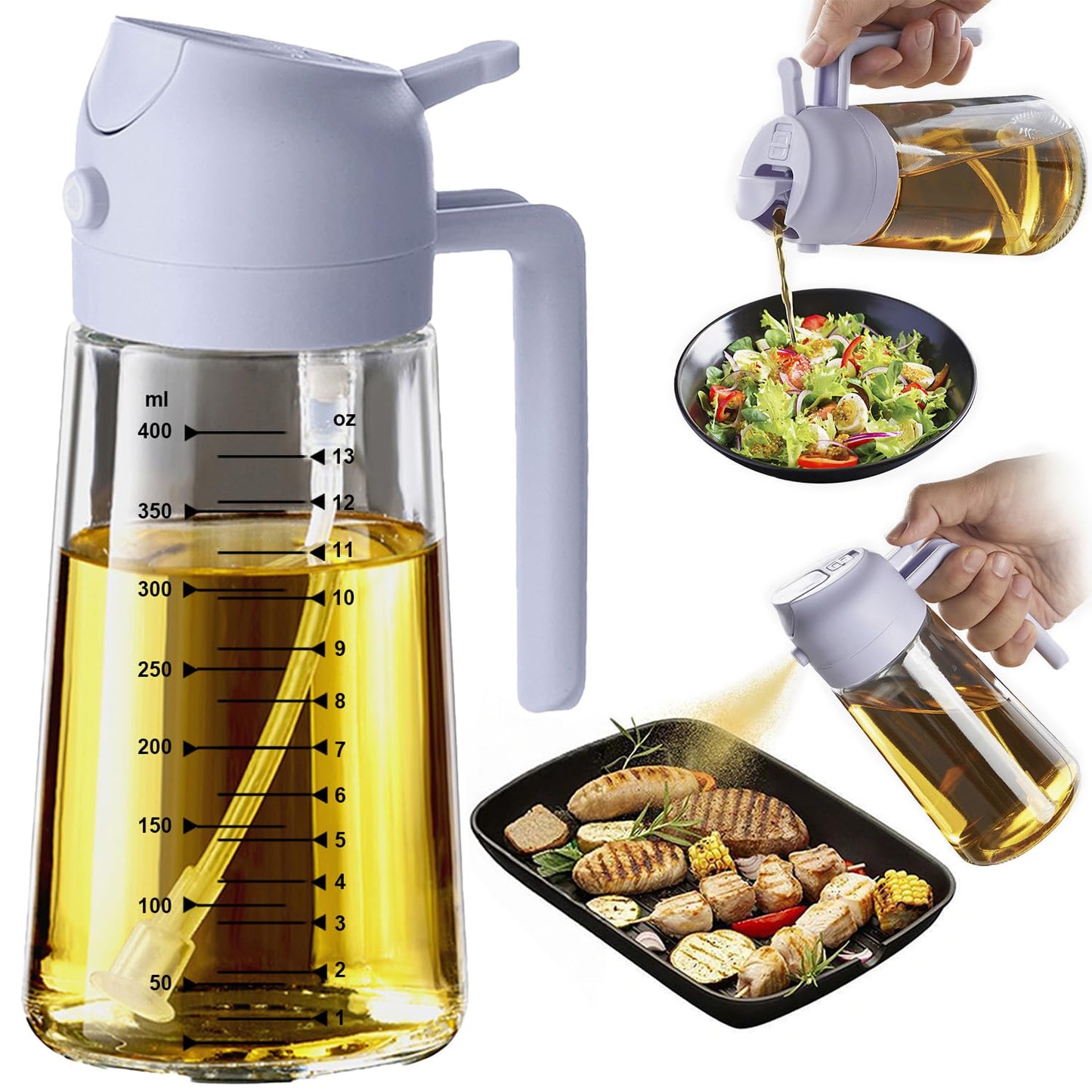 TrendPlain 16oz/470ml Glass Olive Oil Sprayer for Cooking – 2 in 1 Olive Oil Dispenser Bottle for Kitchen Gadgets and Air Fryer Accessories, Salad, BBQ - Black & Navy