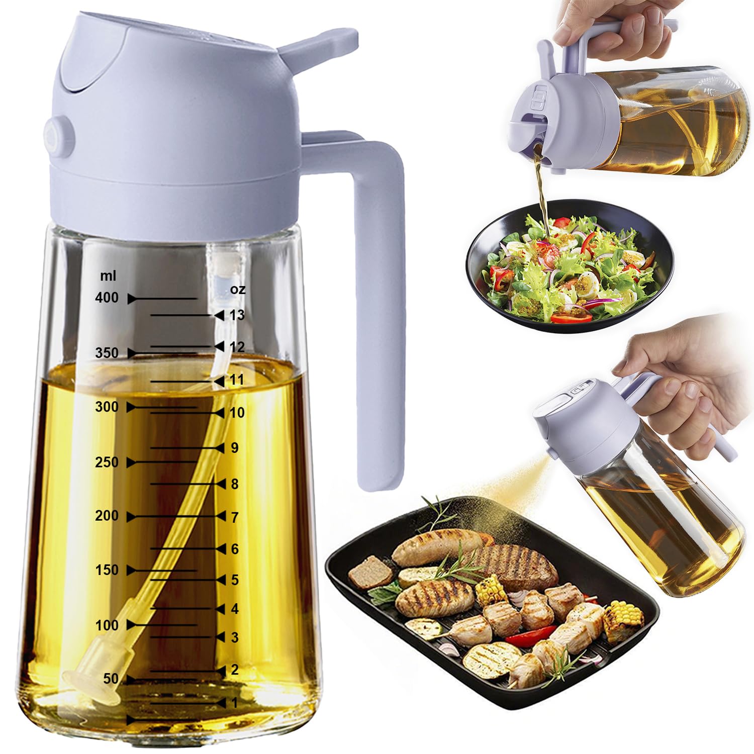 TrendPlain 16oz/470ml Glass Olive Oil Sprayer for Cooking – 2 in 1 Olive Oil Dispenser Bottle for Kitchen Gadgets and Air Fryer Accessories, Salad, BBQ - Black & Navy