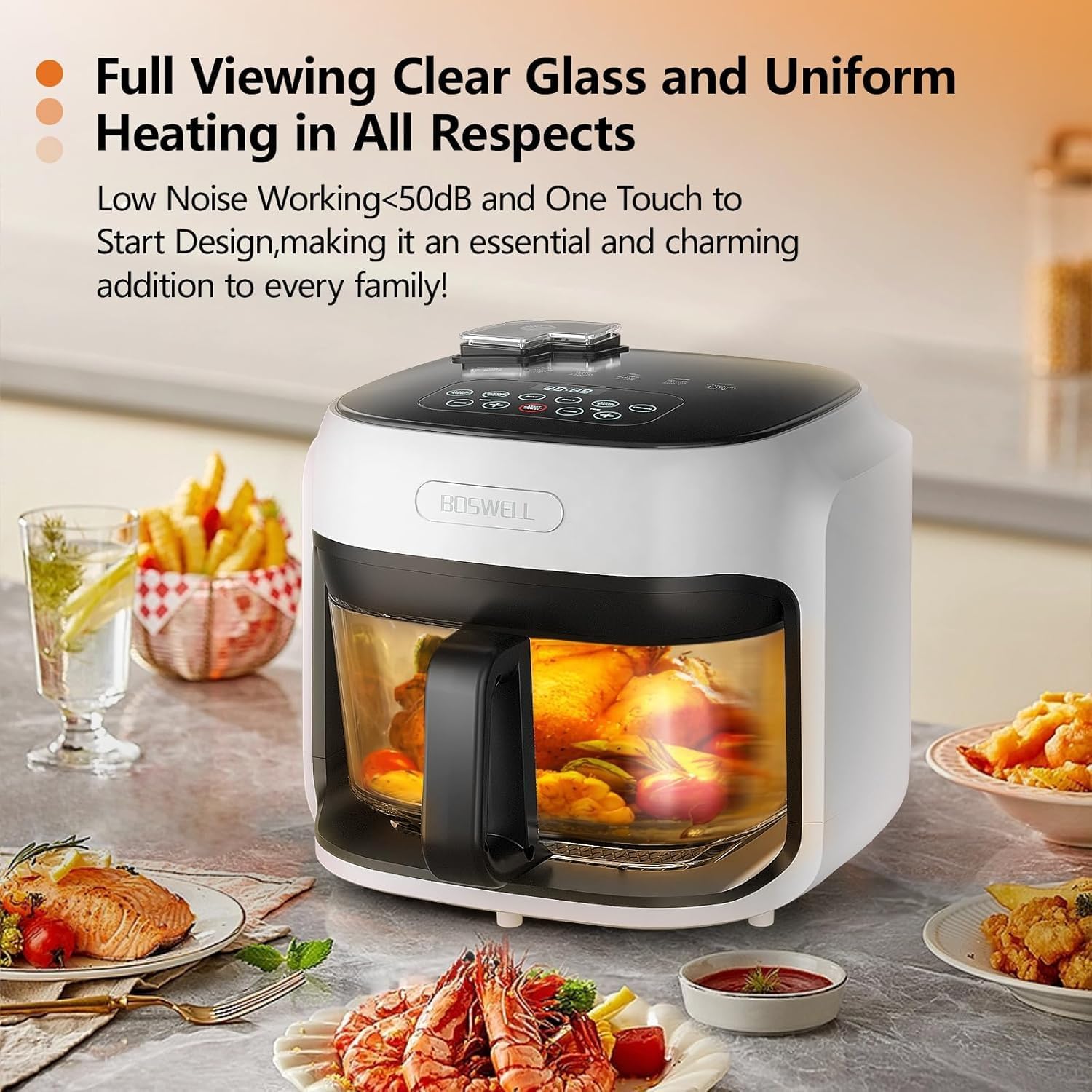 7.5Qt Glass Air Fryer, Transparent Fry Bowl, 360° Hot Air Circulation, Digital Touch Control, Non-Toxic & Dishwasher Safe, Air Fry Roast Bake for Fries and Chicken (white)