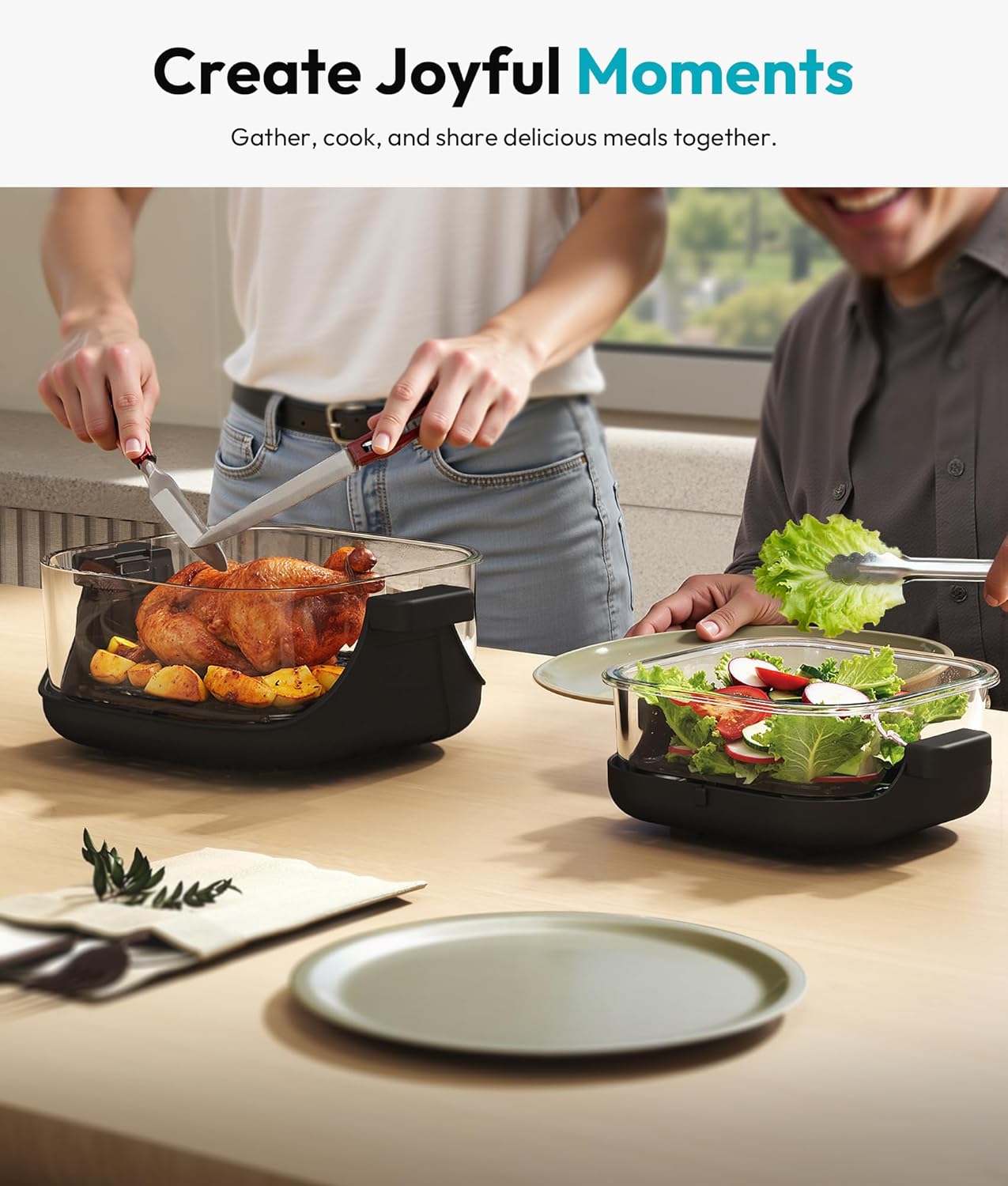 Rellytech Portable Glass Air Fryer - 1500W, 4.2 QT & 6-Cup Dual Glass Containers with Lids, 4-in-1, 60 Min Timer, 140°F-400°F Adjustable, Microwave, Freezer & Dishwasher Safe, Grey Mother's Day