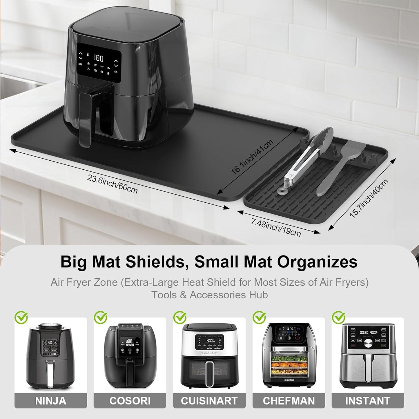 Silicone Heat Resistant Mats for Countertop,24x16 Inch Air Fryer Mat with Kitchen Accessories Holder Pad for Microwave/Oven,Compatible with Ninja/Cosori/Chefman/Toshiba,Kitchen Countertop Protector