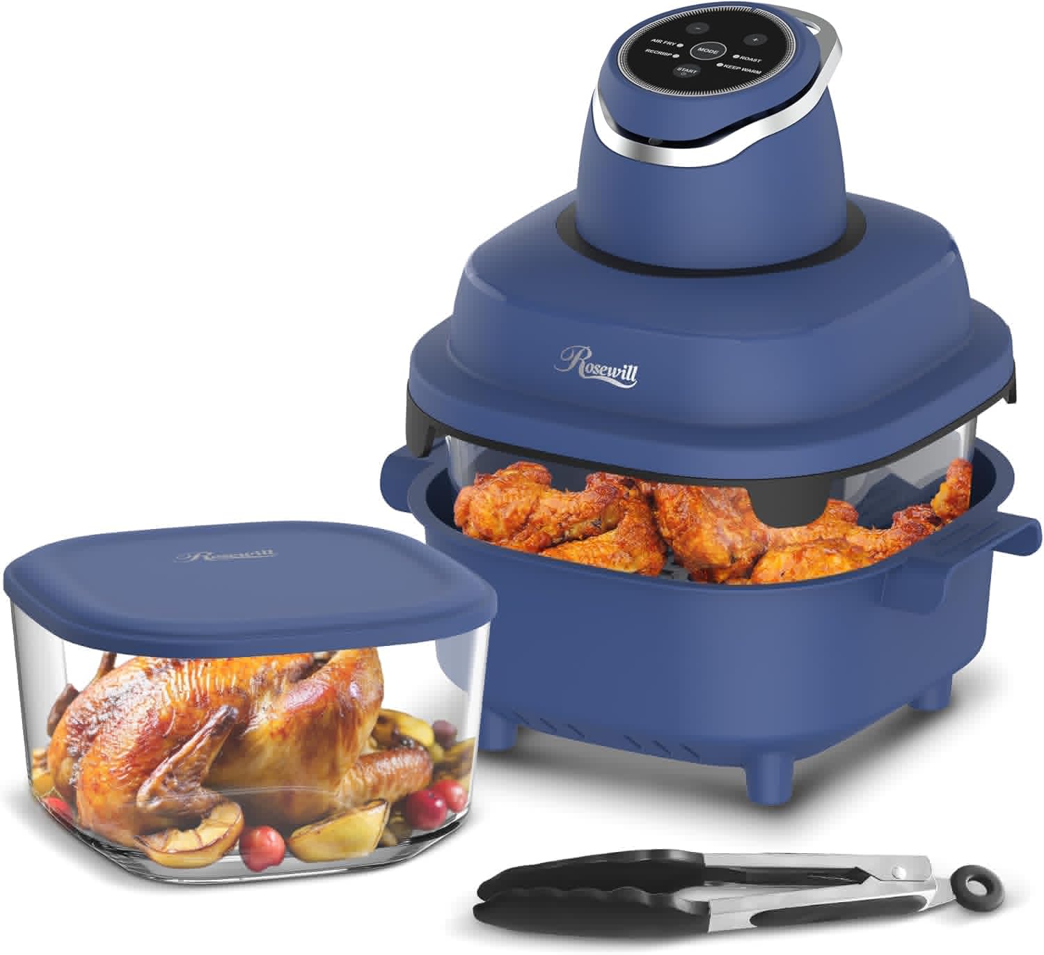 Rosewill 4-in-1 Portable Glass Air Fryer, 4.7QT Transparent Glass Cooking Pot with Storage Lid & Tongs, Compact Smart for Deep Roast, Recrisp, Keep Warm – Navy Blue