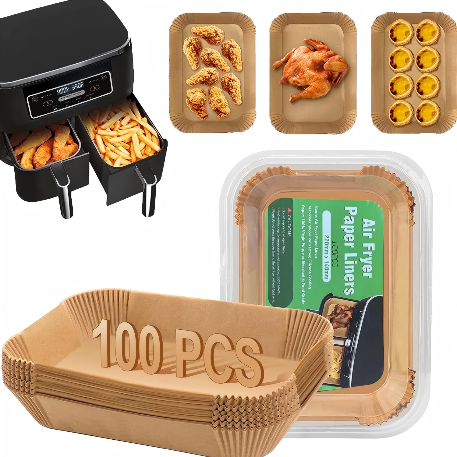 Air Fryer Liners Disposable Paper,100Pcs Parchment Paper Liners,Non Stick Airfryer Paper Liners,Food Grade Air Fryer Accessories WaterProof OilProof for Microwave Oven Steamer 7.9inch Square