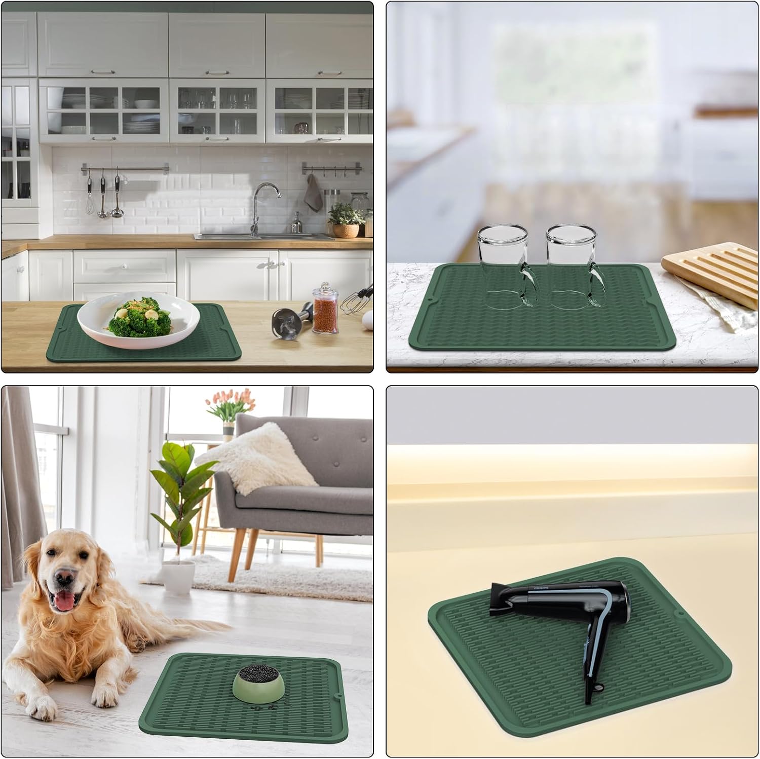ZLR Silicone Dish Drying Mat & Heat Resistant Trivet (12" x 16") - Waterproof Counter Protector for Air Fryer, Coffee Maker - Non-Slip, BPA Free Kitchen Pad, Easy Clean Dishwasher Safe (Green)