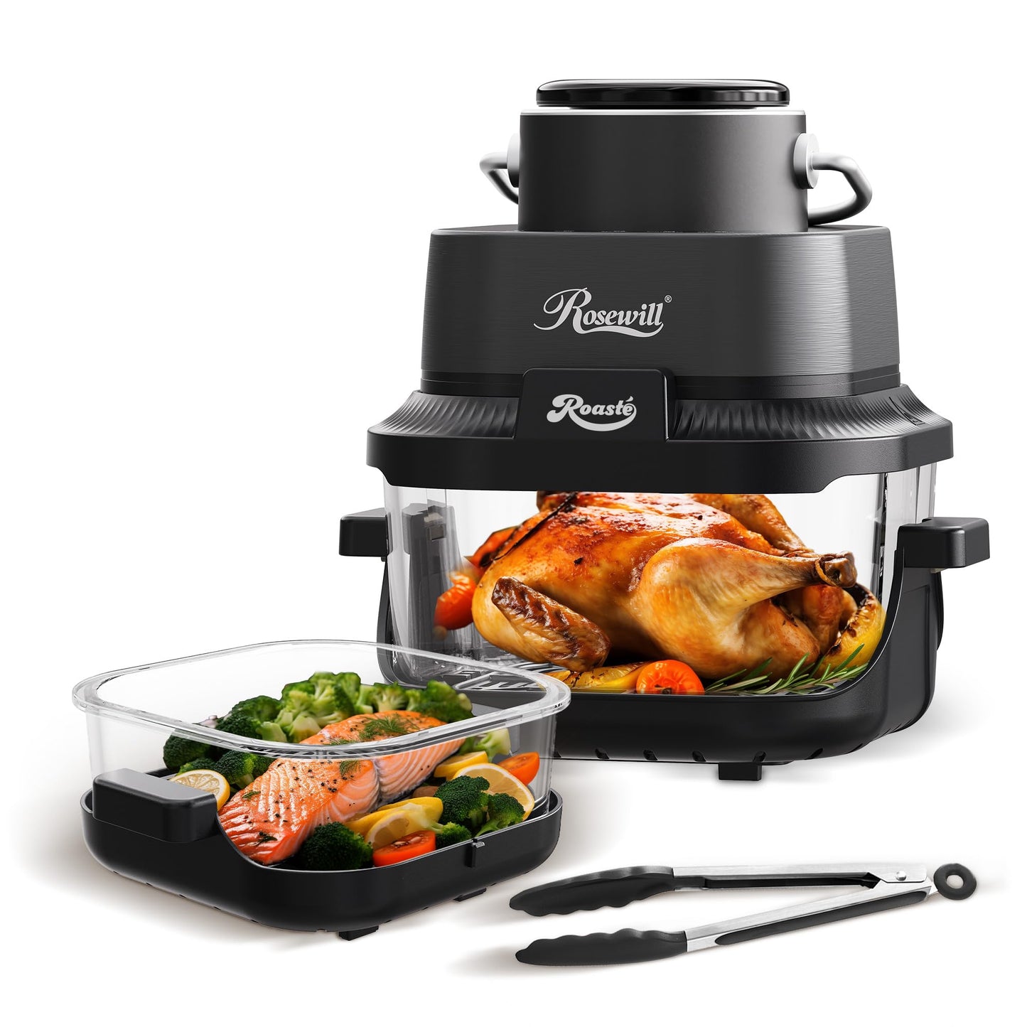 Rosewill 8-in-1 Portable Glass Air Fryer, 5.5QT & 1.6QT Dual Transparent Glass Cooking Pot with Storage Lid & Tongs, Compact Smart for Air Fry, Deep Roast, Recrisp, Bake and more - Saturn Gray