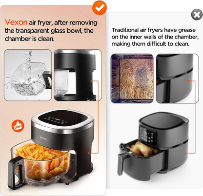 Vexon 4.5QT Air Fryer, 1200W Compact Hot Air Cooker with Visible Window, Nonstick Basket, Digital Touch Screen, Oil-Less Electric Air Fryer Oven for Healthy Cooking (Black)