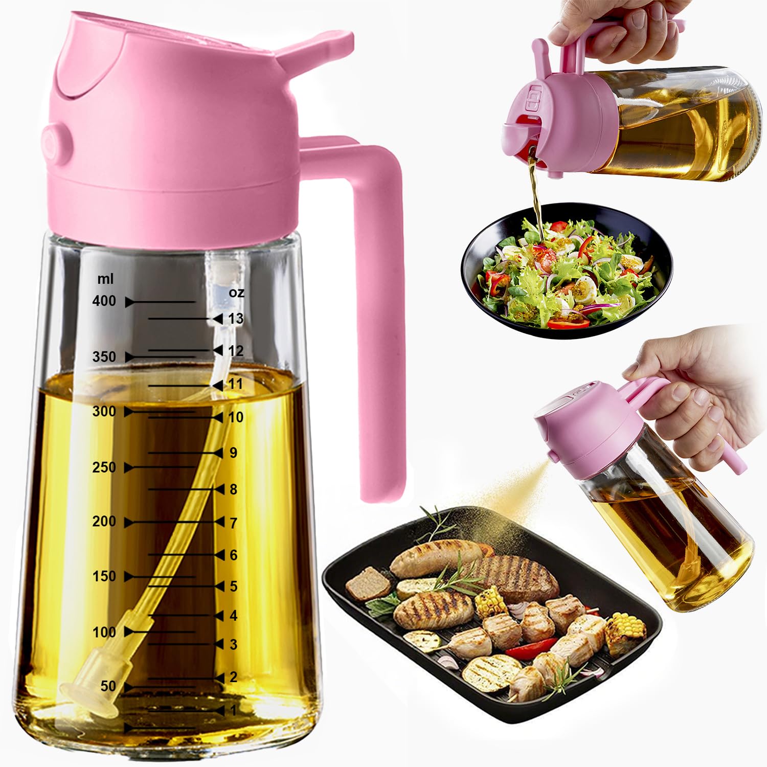 TrendPlain 16oz/470ml Glass Olive Oil Sprayer for Cooking – 2 in 1 Olive Oil Dispenser Bottle for Kitchen Gadgets and Air Fryer Accessories, Salad, BBQ - Black & Navy