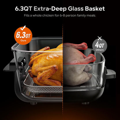 Glass Air Fryer Non Toxic, 6.3QT & 4.4QT Air Fryer with Dual Glass Baskets with Lids, 8-in-1 Portable Air Fryers Cristal, PFOA & PFAS-Free, Dishwasher Safe, Ideal Kitchen Gift