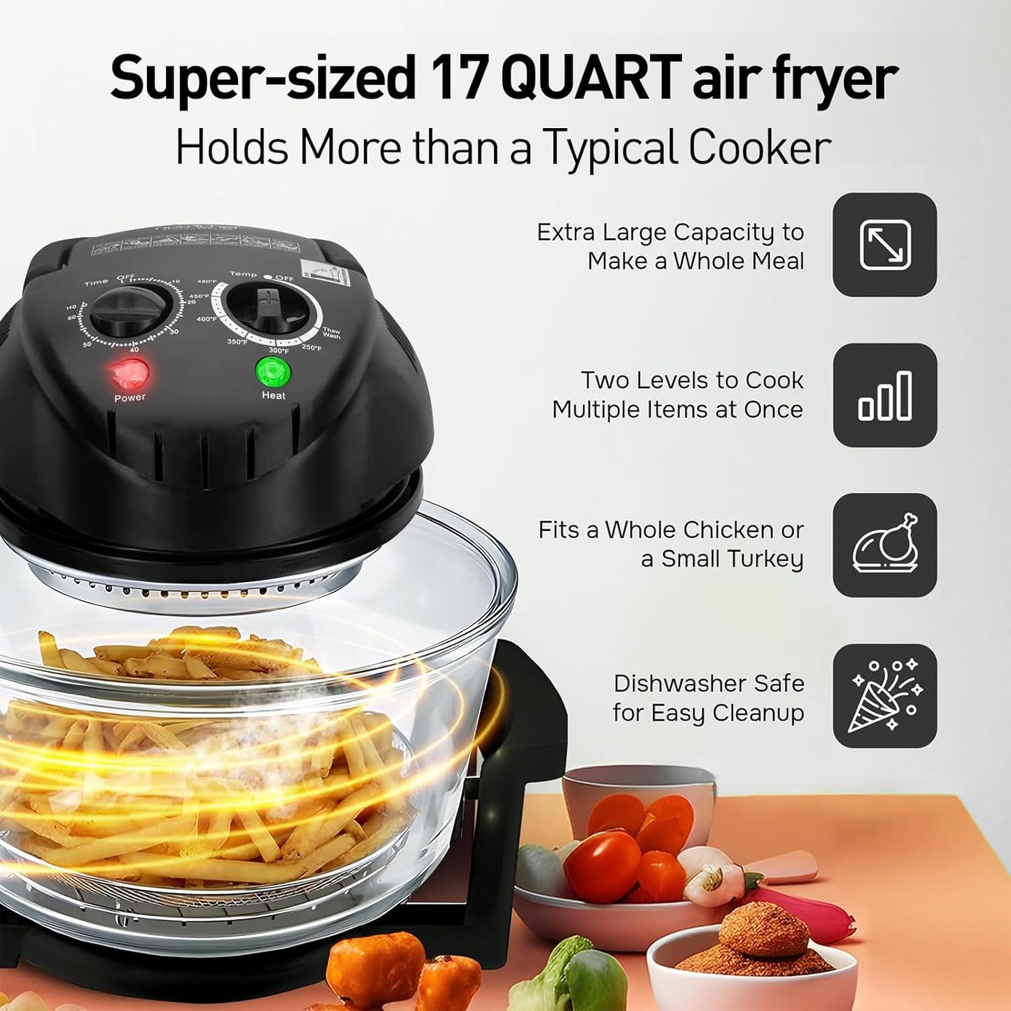 APSARAS USA Upgraded 10 in1 Glass Air Fryer Non Toxic,17 Quart Convection Oven Countertop Air Fryer Glass, Healthy Kitchen Bake,Grill,Steam Broil, & Roast -Includes Bowl,Broil Rack,Toasting Rack