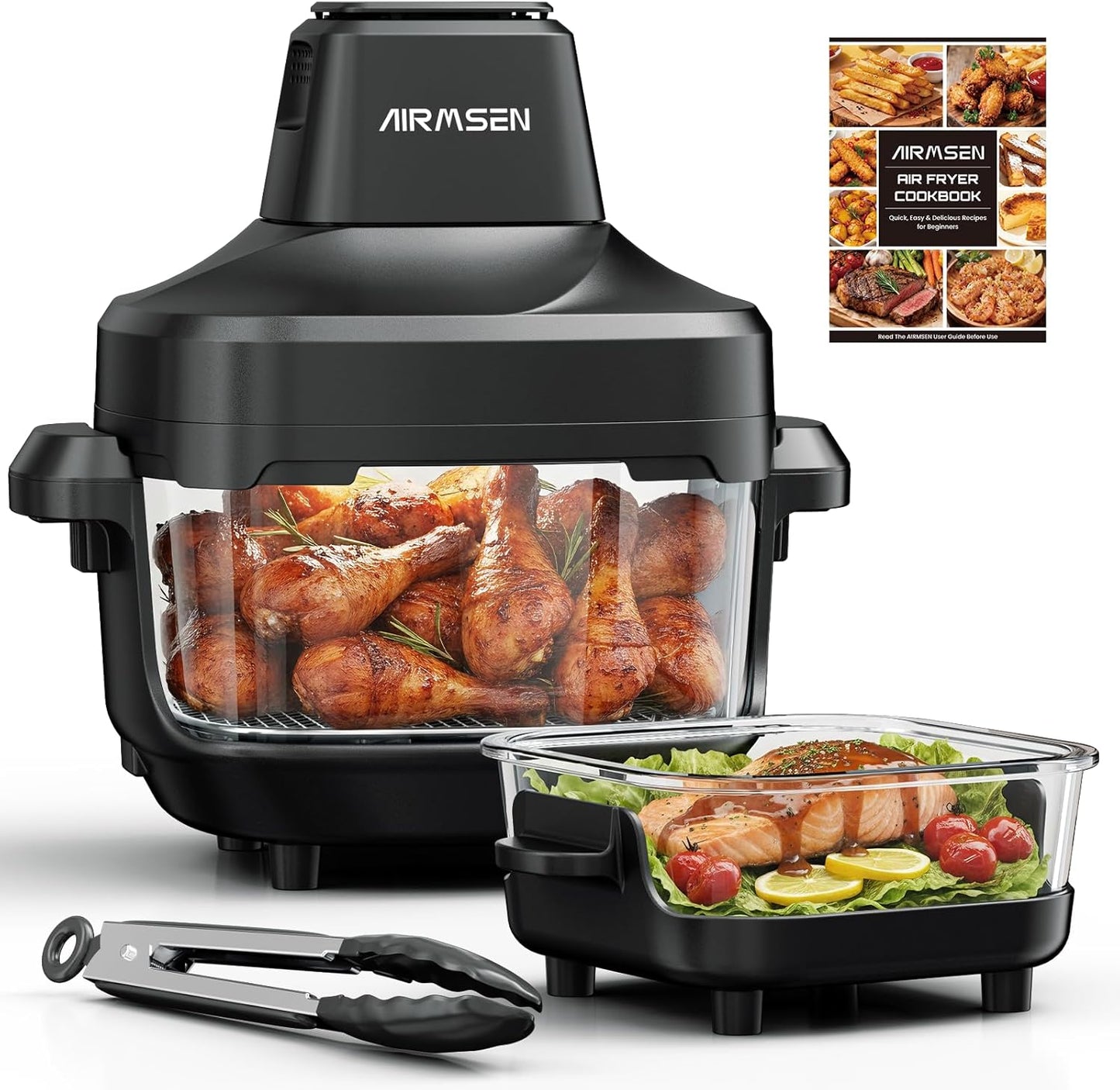 AIRMSEN Potable Glass Air Fryer Non-Toxic, 4.8QT & 1.3QT, 4 Presets & Manual Control, 140–450℉ Precise Heat, 95% Less Oil, Auto-Pause & Resume, Microwave & Dishwasher Safe