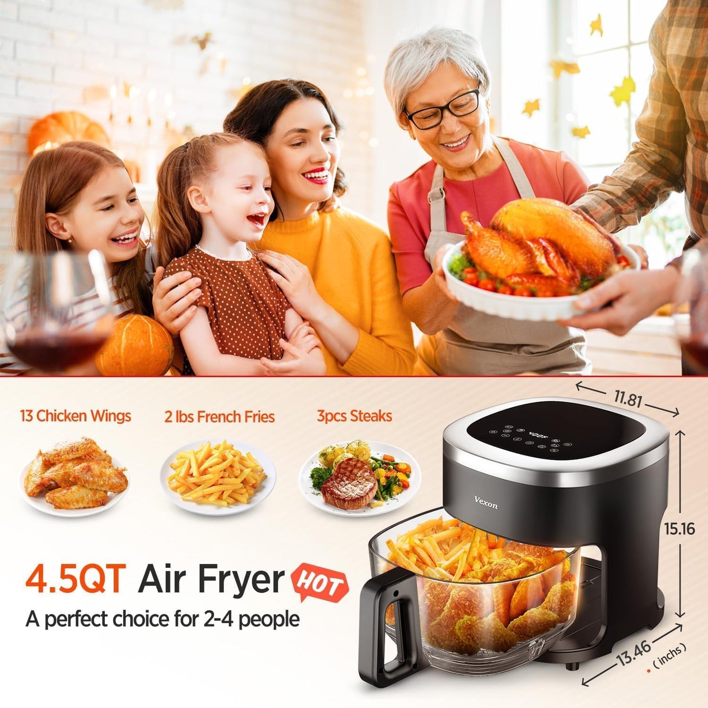 Vexon 4.5QT Air Fryer, 1200W Compact Hot Air Cooker with Visible Window, Nonstick Basket, Digital Touch Screen, Oil-Less Electric Air Fryer Oven for Healthy Cooking (Black)