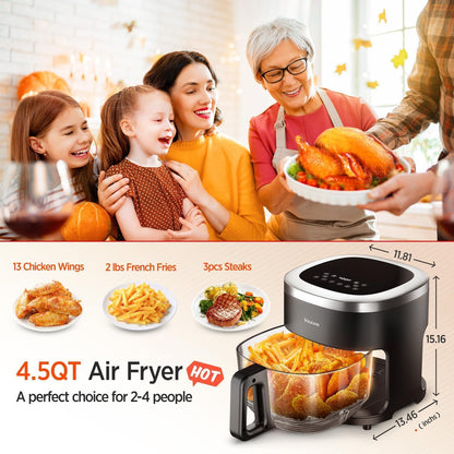 Vexon 4.5QT Air Fryer, 1200W Compact Hot Air Cooker with Visible Window, Nonstick Basket, Digital Touch Screen, Oil-Less Electric Air Fryer Oven for Healthy Cooking (Black)