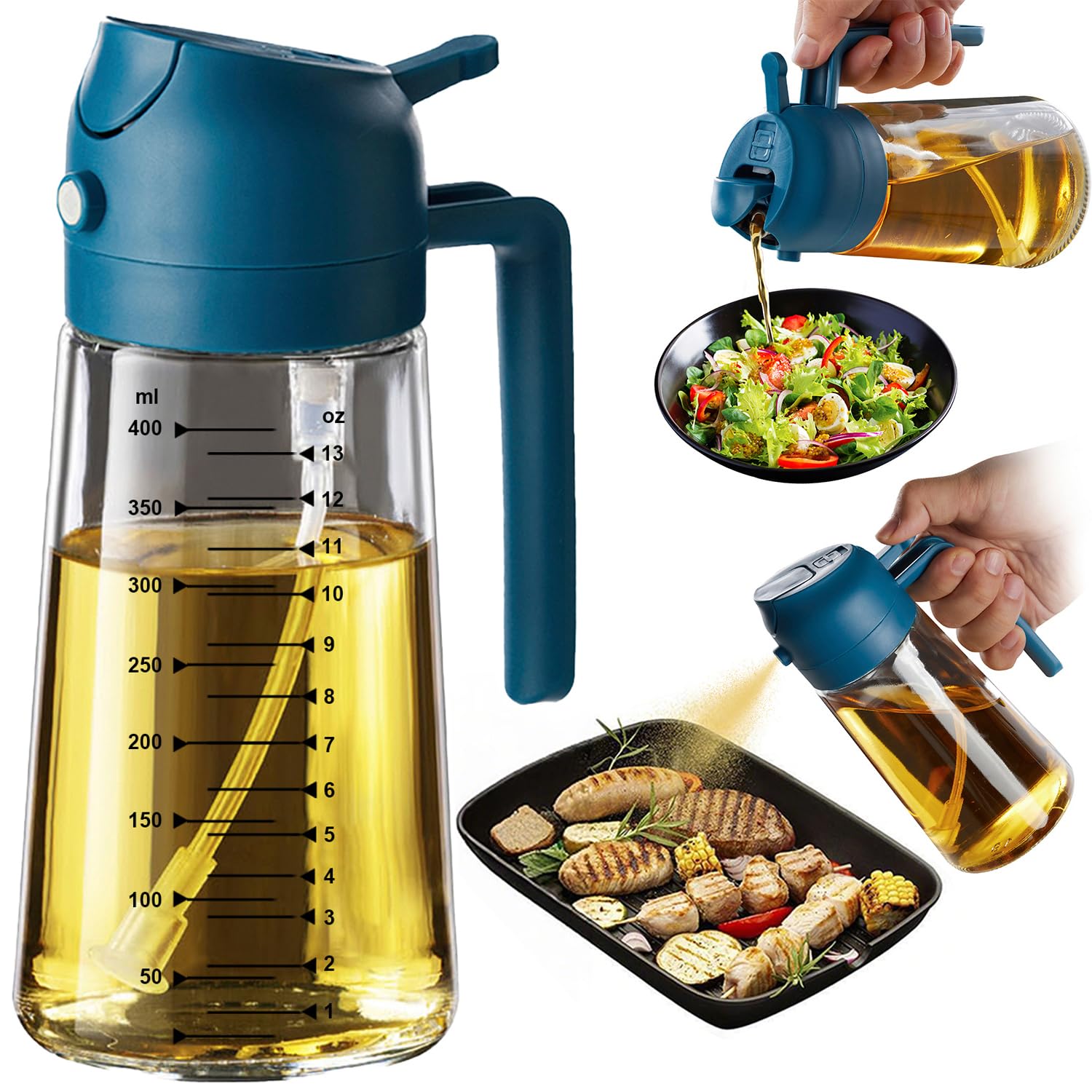 TrendPlain 16oz/470ml Glass Olive Oil Sprayer for Cooking – 2 in 1 Olive Oil Dispenser Bottle for Kitchen Gadgets and Air Fryer Accessories, Salad, BBQ - Black