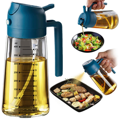 TrendPlain 16oz/470ml Glass Olive Oil Sprayer for Cooking – 2 in 1 Olive Oil Dispenser Bottle for Kitchen Gadgets and Air Fryer Accessories, Salad, BBQ - Black & Navy