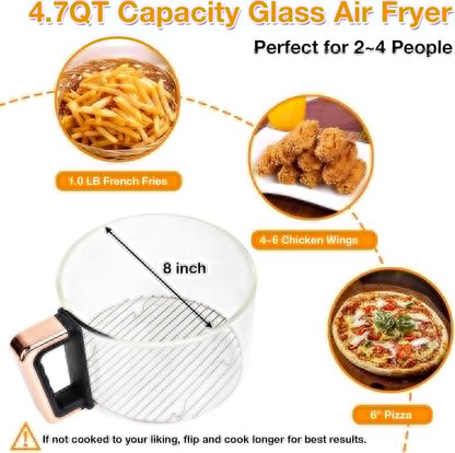 4.7QT Glass Air Fryer, 360° Viewable Glass Air Fryer Non Toxic, 6-IN-1 Preset Cook Modes, Digital Display, Adjustable Temp 100F - 400F, Nonstick, Dishwasher Safe, White