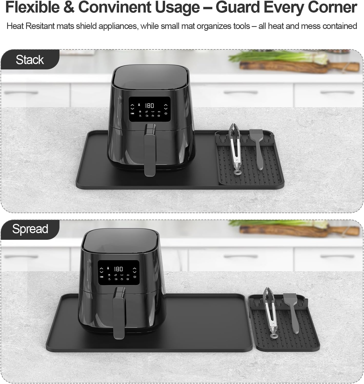 Silicone Heat Resistant Mats for Countertop,24x16 Inch Air Fryer Mat with Kitchen Accessories Holder Pad for Microwave/Oven,Compatible with Ninja/Cosori/Chefman/Toshiba,Kitchen Countertop Protector
