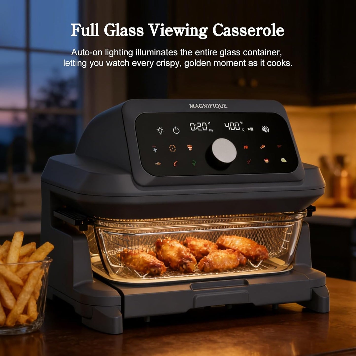MAGNIFIQUE Casserole Air Fryer 6 Quart Large Capacity, Glass Air Fryer Oven Non Toxic, 12-in-1 Digital Touchscreen, Full Glass Viewing Window, Rapid Hot Air Circulation, Includes Basket & Storage Lid