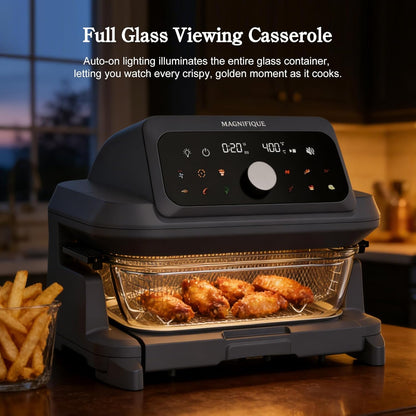 MAGNIFIQUE Casserole Air Fryer 6 Quart Large Capacity, Glass Air Fryer Oven Non Toxic, 12-in-1 Digital Touchscreen, Full Glass Viewing Window, Rapid Hot Air Circulation, Includes Basket & Storage Lid