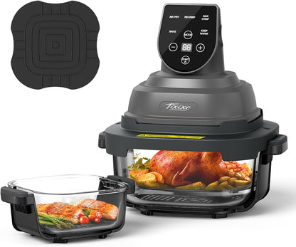 5-in-1 Portable Glass Air Fryer, 4QT & 6-Cup Glass Containers with Lids, Silicone Mat, 1500W Small Air Fryer, 90% Less Oil, Dishwasher/Freezer Safe for Single Servings, Family Meals