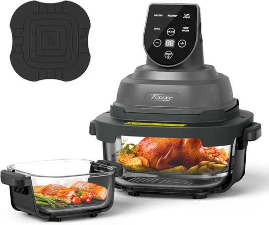 5-in-1 Portable Glass Air Fryer, 4QT & 6-Cup Glass Containers with Lids, Silicone Mat, 1500W Small Air Fryer, 90% Less Oil, Dishwasher/Freezer Safe for Single Servings, Family Meals