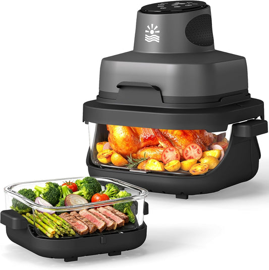 Rellytech Portable Glass Air Fryer - 1500W, 4.2 QT & 6-Cup Dual Glass Containers with Lids, 4-in-1, 60 Min Timer, 140°F-400°F Adjustable, Microwave, Freezer & Dishwasher Safe, Grey Mother's Day