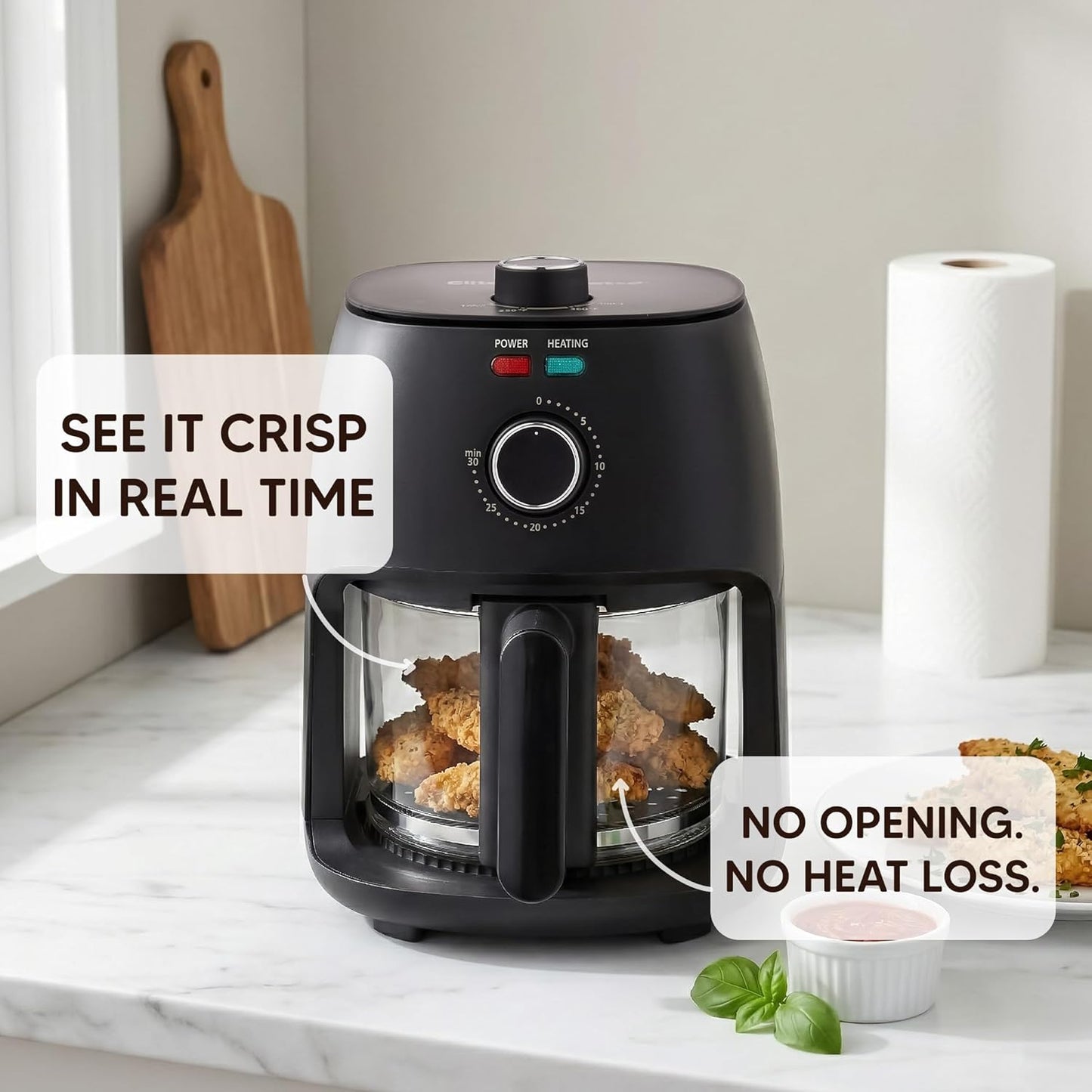 Elite Gourmet Glass Air Fryer, 2.4 Qt Compact Size for 1–2 People, PFAS-Free Ceramic & Glass Basket, Visible Cooking, Adjustable Temp 175–400°F, 1150W, Black
